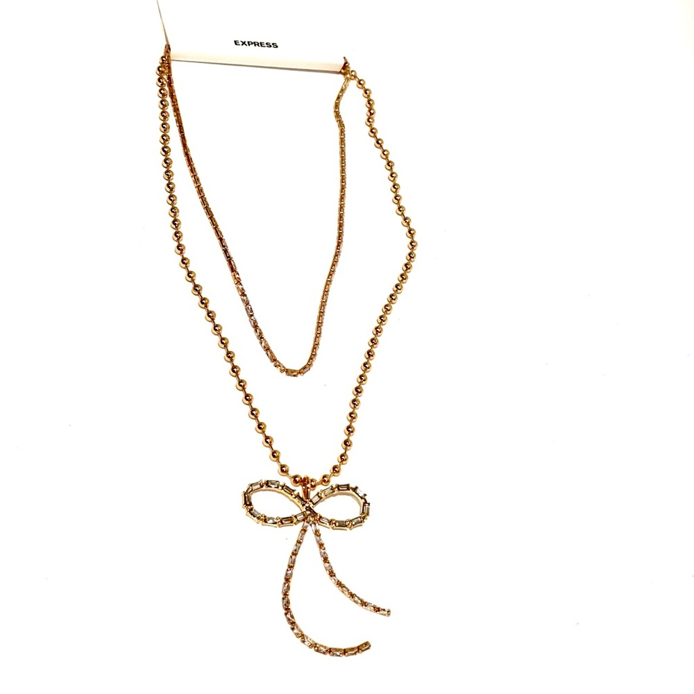 EXPRESS Gold & Baguette Rhinestone/Crystal Bow Layered Necklace NWT - Picture 7 of 14